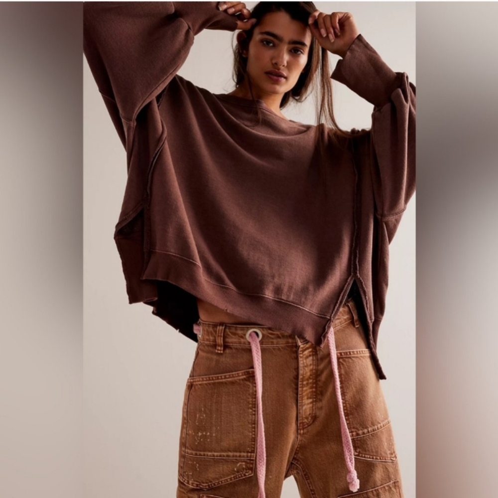 NWT FREE PEOPLE CAMDEN Chocolate Brown OVERSIZED PULLOVER Sweatshirt We the Free - Picture 2 of 9
